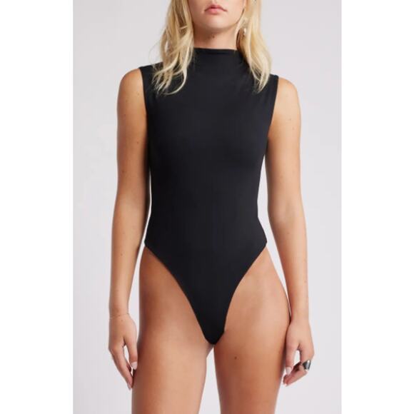 Open Edit Tops - Open Edit Funnel Neck Double Layer Sleeveless Bodysuit in Black